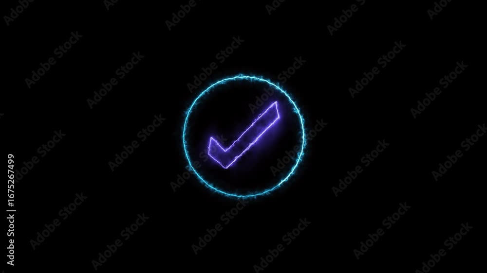 Poster animated glowing neon checkmark success motion graphics loop u i u x interface approval. neon checkm