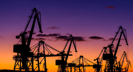 Silhouetted Cranes Against a Vivid Twilight Sky Showcasing Industrial Prowess and Serene Beauty in a Harmonious Juxtaposition