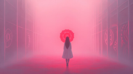 back view of woman standing looking glowing red circle