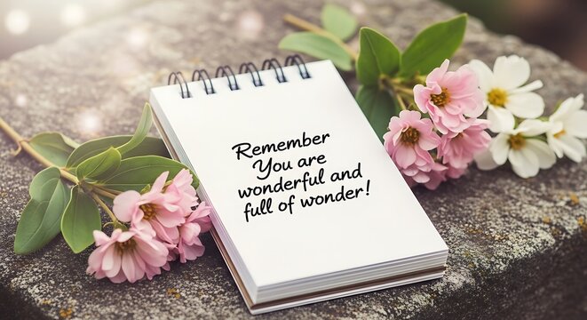 Inspirational notepad message with pink flowers, reminding you of your inner beauty and wonder - Powered by Adobe