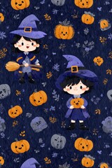Playful illustrations of a young witch with pumpkins on a dark background.