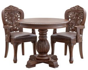 Classic Victorian table and chairs set with ornate wood carving, round tabletop, and two matching armchairs, elegant antique furniture for dining or living room decor