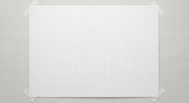 Leeres kariertes Blatt Papier mit Klebeband an eine helle Holzwand geklebt. Hintergrund f&uuml;r Notizen, Ank&uuml;ndigungen oder kreative Ideen.
