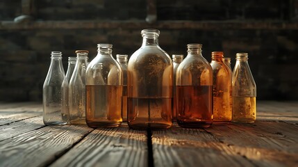 Vintage Bottles - Assortment of old glass bottles, some filled with liquid, on a rustic wooden surface.