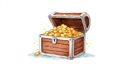 Wooden treasure chest filled with shiny gold coins, illustrated watercolor cartoony style. chest is open, revealing its wealth, with coins spilling slightly over edge, evoking excitement