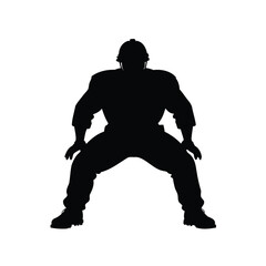Silhouette of muscular construction worker crouching with hardhat and work boots, lineman blocking silhouette vector illustration