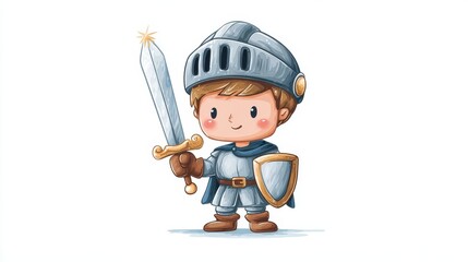 Cute cartoon illustration of young knight in shining armor, holding sword and shield with cheerful expression. knight wears helmet and blue cape, evoking playful and adventurous vibe