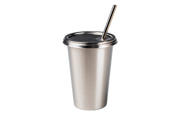 stainless steel reusable straw cup isolated on white background eco friendly dining