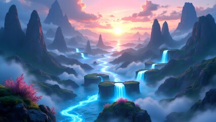 A breathtaking fantasy paradise with a glowing blue river forming multiple waterfalls among misty mountains at a beautiful sunset.