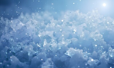 Obraz premium A macro, close-up view of crushed blue ice crystals and sparkling snow particles, with a bright, cool light creating a fresh winter background.