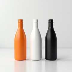 Colored bottle mockup set featuring matte orange, white, and black bottles for product packaging design and branding templates