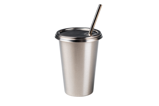 stainless steel reusable straw cup isolated on white background eco friendly dining