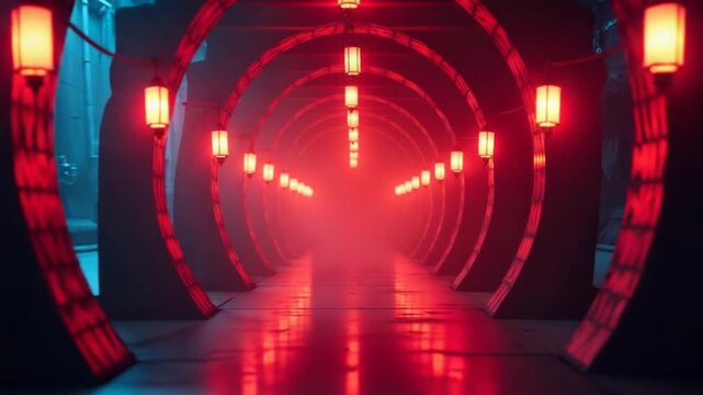 Red and blue background.Design. A bright tunnel that burns on the sides with bright lanterns