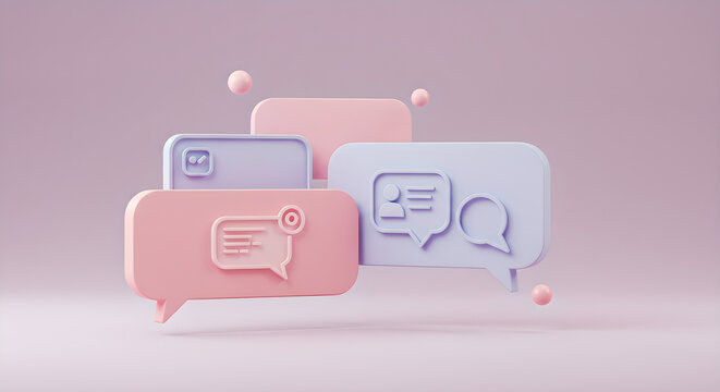 Soft Pastel 3D Chat Bubbles Floating on a Minimal Background, Representing Digital Communication and Online Messaging