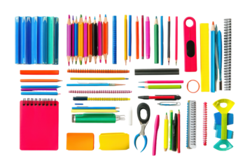 Vibrant collection of school supplies arranged neatly in a colorful display for students and teachers in a bright learning environment