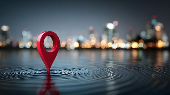 Red Location Pin on Water with Blurred City Lights, GPS Navigation and Geolocation Concept