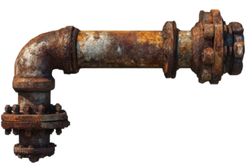 Old rusty water pipe isolated on transparent background showcasing significant wear and texture over time, emphasizing deterioration and abandonment in industrial settings