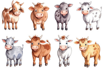 Obraz premium Collection of colorful cartoon cows with varying patterns and expressions on a transparent background showcasing playful design and farm themes