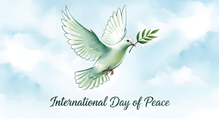 Fototapeta premium Watercolor painting of a graceful white dove carrying an olive branch, flying through a serene blue sky with clouds, symbolizing peace and hope