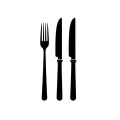 Silhouette of a fork and two knives arranged on a white background