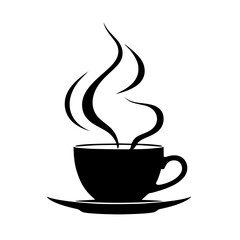 Silhouette of a coffee cup with steam rising on a saucer in black and white