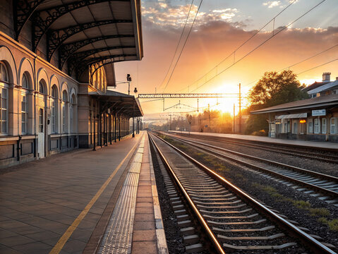 Serene railway station at sunrise with empty tracks and platform under vibrant sky scenery beauty - Powered by Adobe