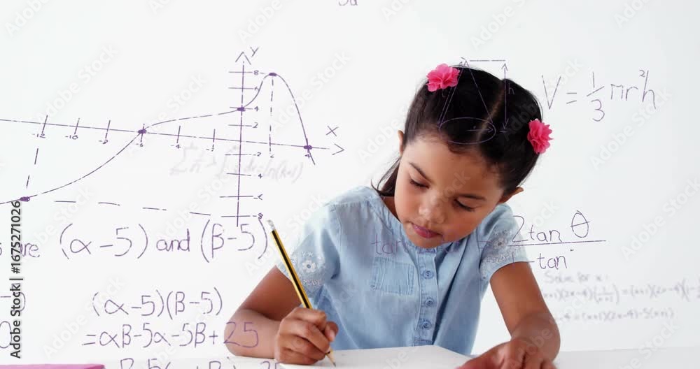 Poster girl starting algebra copying roots in notebook while animated graphs emerging behind for learning