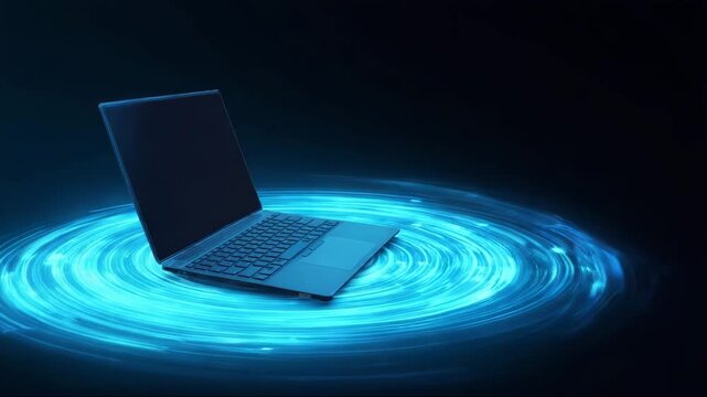 Laptop glowing in blue light with swirling digital background  