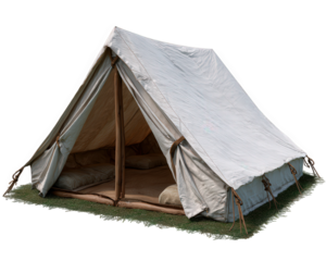 Classic triangular tent, canvas material, pitched on grass, outdoor camping shelter, rustic style, cozy and inviting, suitable for adventure and nature retreats