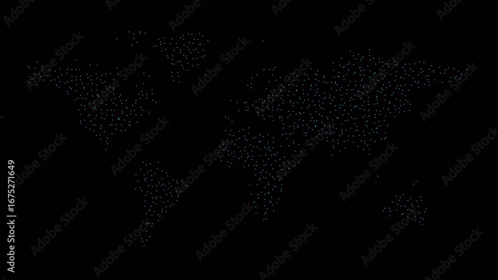 Poster global network of cyan dots illuminates world map on black background, representing connections and 