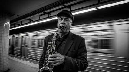 Fototapeta premium A black and white photo of a street musician playing the saxophone in a subway station with a blurry train.