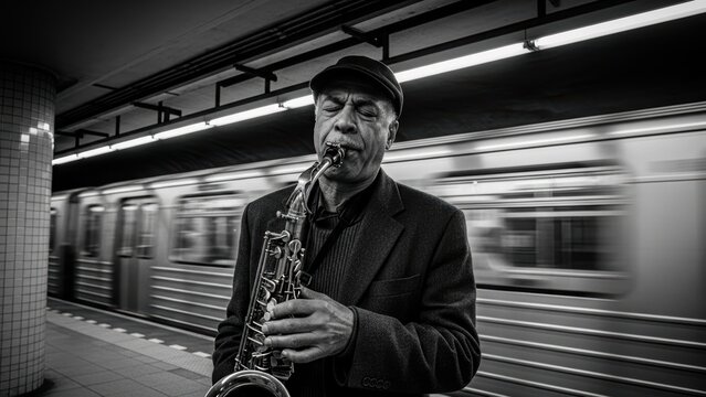 A black and white photo of a street musician playing the saxophone in a subway station with a blurry train.