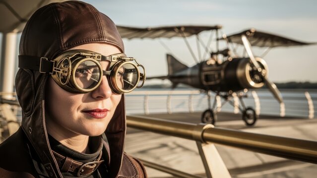A woman wearing a vintage aviator cap and steampunk goggles with an old-fashioned airplane in the background.