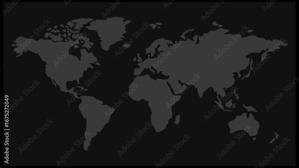 Poster global world map silhouette animation: dark gray continents on black background, seamless loop