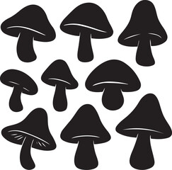 Ten Simple Black Mushroom Silhouettes:  Vector Graphic Design Elements