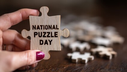 Vibrant photo of hand holding a wooden puzzle piece with the words "NATIONAL PUZZLE DAY" on it, with puzzle pieces in the background.