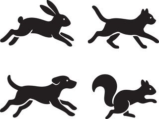 Four Black Silhouette Pets Running: Rabbit, Cat, Dog, Squirrel; Vector Graphic
