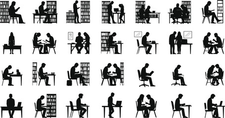 Silhouettes of people reading, studying, working on laptops, library scenes, education, teamwork, knowledge sharing, learning, students, bookshelves, focused individuals.