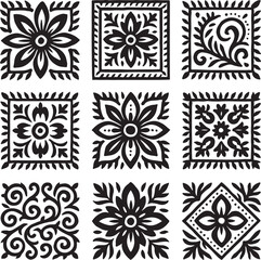 Nine Bold Black and White Bangladeshi Nakshikatha Floral Square Tile Patterns
