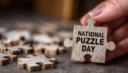 Vibrant photo of hand holding a wooden puzzle piece with the words "NATIONAL PUZZLE DAY" on it, with puzzle pieces in the background.