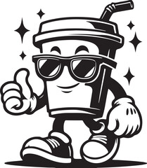 Cool Coffee Cup Cartoon Character:  Thumbs Up, Sunglasses, Retro Style, Black and White Vector Illustration