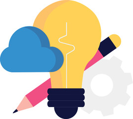 Flat Design Illustration: Bright Idea, Cloud Computing, Innovation Gear
