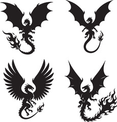 Fiery Dragon and Phoenix Silhouettes:  Vector Graphic Set, Black and White, Tattoo Style