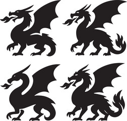 Four Fiery Black Dragon Silhouettes: Vector Graphic, Bold, Dramatic, and Powerful.