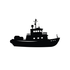 Obraz premium Silhouette image of a large tugboat or ship vessel on white, tugboat on silhouette vector illustration