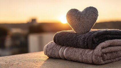 Vibrant photo of heart-shaped towel is folded on top of two other towels, with the background featuring an outdoor setting during sunset. the focus should be sharp and detailed.