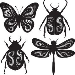 Elegant Black and White Insect Silhouettes: Butterfly, Beetle, Dragonfly Designs