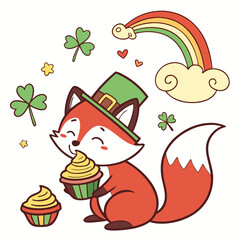 Charming SVG of a Sleepy Red Fox featuring holding a cupcake, styled in a St. Patrick's Day theme with Clover Cheer hues