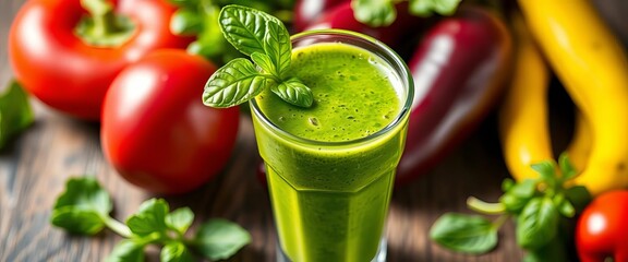 Vibrant green smoothie in glass, garnished with spinach,   morning drink,   vegan