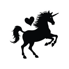 Black silhouette of a rearing unicorn with heart shape next to it, unicorn with heart silhouette vector illustration